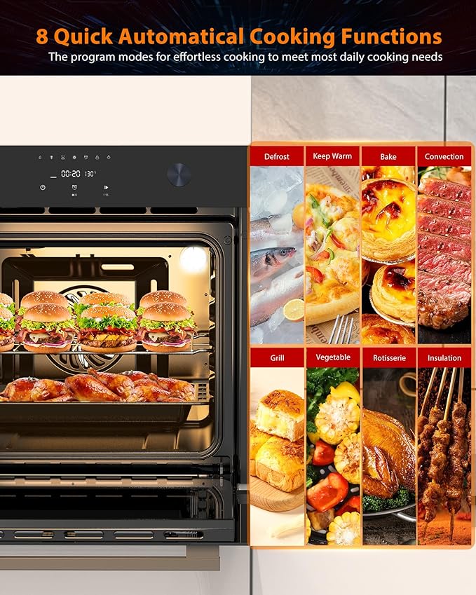 24 Electric Built-in Wall Oven - Single Design with 8 Cooking Modes 108 Smart Menus 2.5 Cu.ft Convection Stainless Steel Touch Control Timer Safety Lock 3000W 240V Black