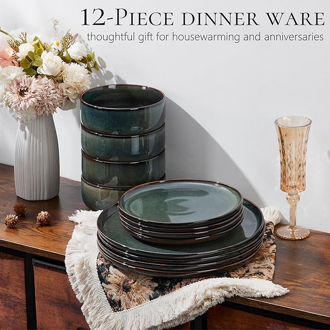 Vesteel Dinnerware Sets for 4 12-Piece Stoneware Dish and Bowls Set Handmade Reactive Glaze Coupe Plates Set for Family Chip &amp Scratch Resistant - Sage Green