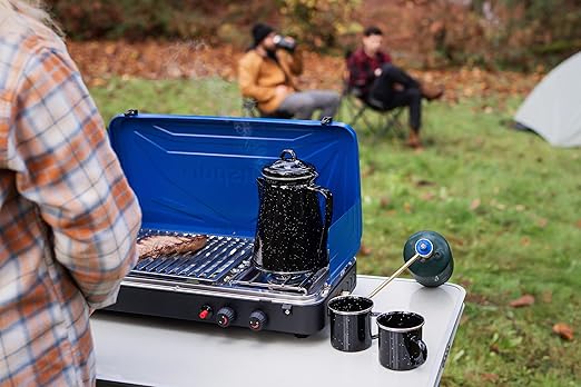 Stansport Enamel 8-Cup Percolator Coffee Pot and 4-Mug Set - Heavy-Duty Campfire Coffee Maker with 12oz Mugs - Percolator Stem Included - Double Baked Enamelware for Camping Hiking RV &amp Cabin