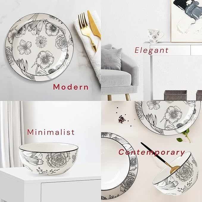 Pemberly Row 16-Piece Porcelain Dinnerware Set Floral White Design Includes Dinner Plates Salad Plates Bowls Mugs Lightweight Chip-Resistant Dishwasher &amp Microwave Safe Modern Table Settin