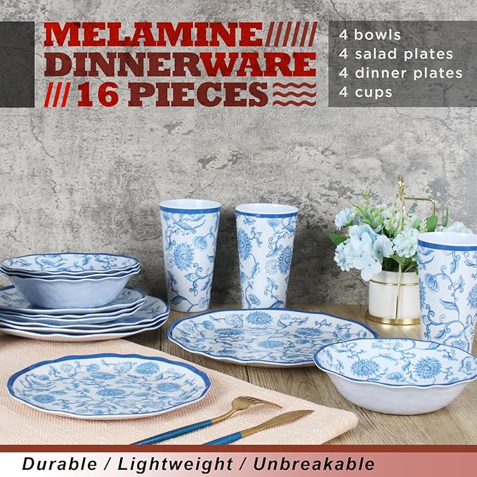Melamine Dinnerware Set for 4-16 Pcs:Camping Dishes Set with Dinner PlatesSalad PlatesCups and Bowls.Lightweight and Unbreakable.Indoor and Outdoor Use.