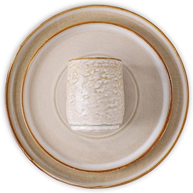 Stone by Mercer Project SHOSAI 16-Piece Stoneware Dinnerware Set Plates and Bowls Set Modern Dishware set fo 4 Sand
