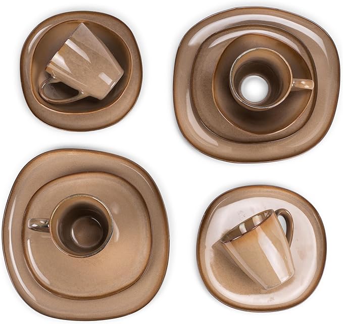 Elanze Designs 16-Piece Modern Luxury Chic Smooth Vintage Handmade Shape High Gloss Ceramic Stoneware Square Plate Mug &amp Bowl Kitchen Dinnerware 16 Piece Set - Service for 4 Brown