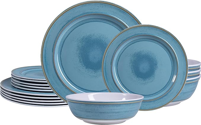 Melamine Dinnerware Sets18 Piece Reactive Glaze like ceramic Dishes Set Service for 6Nonbreakable and Lightweight Kitchen Plate and bowls Set Great for PatioOutdoorsRVCamping