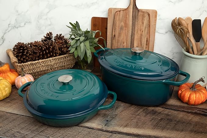 Larder &amp Vine 4-Piece Enameled Cast Iron Cookware Set: 8 Quart Dutch Oven with Lid 3.6 Quart Braiser with Lid Cast Iron Cookware with Oversized Handles Oven Safe up to 500°F (Bondi)