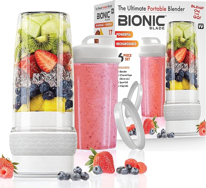 Bionic Blade Personal Portable Blender 26.5 oz with Extra Shaker &amp Lid Cordless &amp Rechargeable Airtight Mini Blender for Smoothies Shakes Juices &amp Sauces White As Seen on TV