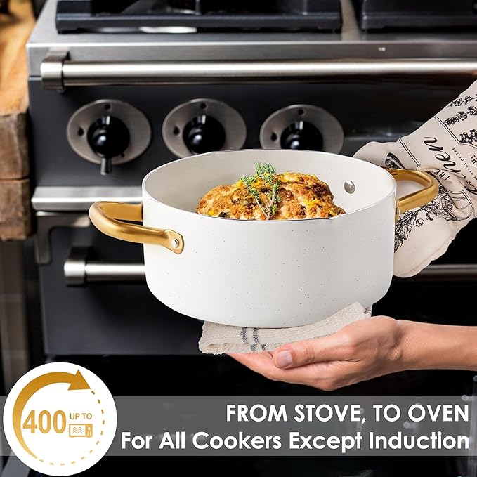 Pots and Pans Set - VONIKI Nonstick Granite Cookware Set Gold Kitchen Cookware Sets Non Toxic Cooking Pot Set PFOA Free Oven &amp Dishwasher Safe - Ideal Gift for Home Chefs