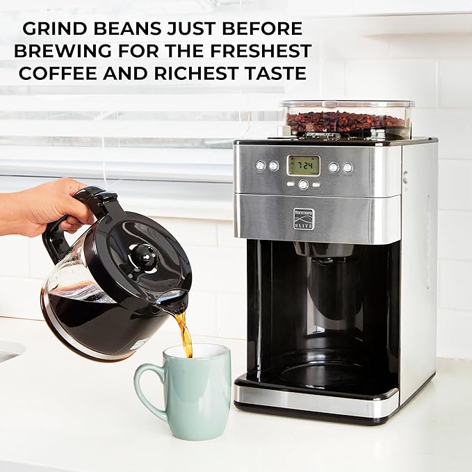 Kenmore Elite Grind and Brew Coffee Maker with Built‑In Burr Grinder Automatic Drip Machine 12‑Cup Programmable Brewer Bean‑to‑Cup Cafetera Stainless Steel Coffee Maker for Home &amp Office