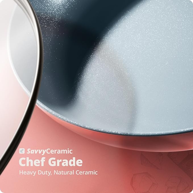 Greater Goods Savvy Ceramic Nonstick Cookware Set and Cold Press Juicer Bundle (Pink/Onyx Black)