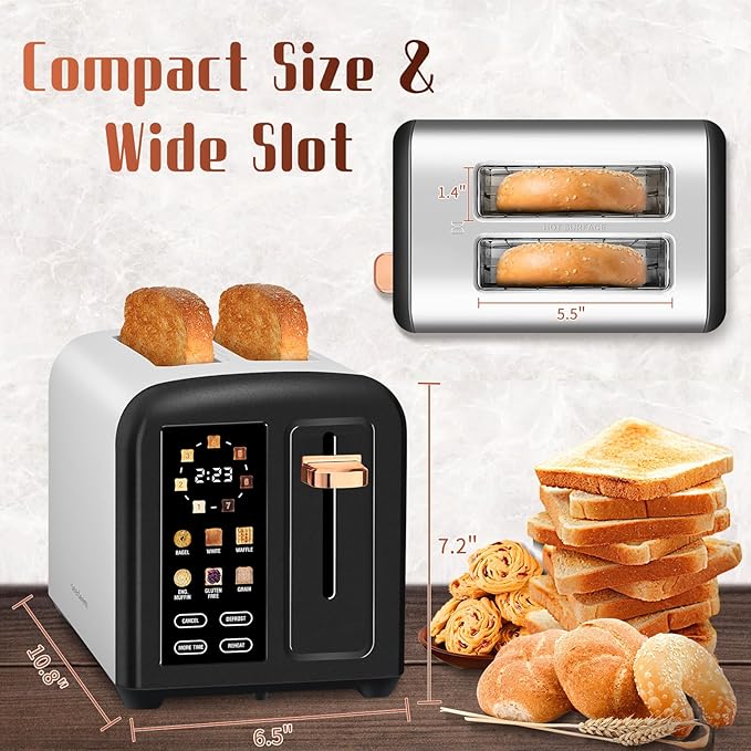 SEEDEEM Toaster 2 Slice with Touch Screen Faster Heating Speed 7 Shade Setting 6 Bread Type 1.5”Wide Slots Toaster Removable Crumb Tray 1350W Dark Chocolate
