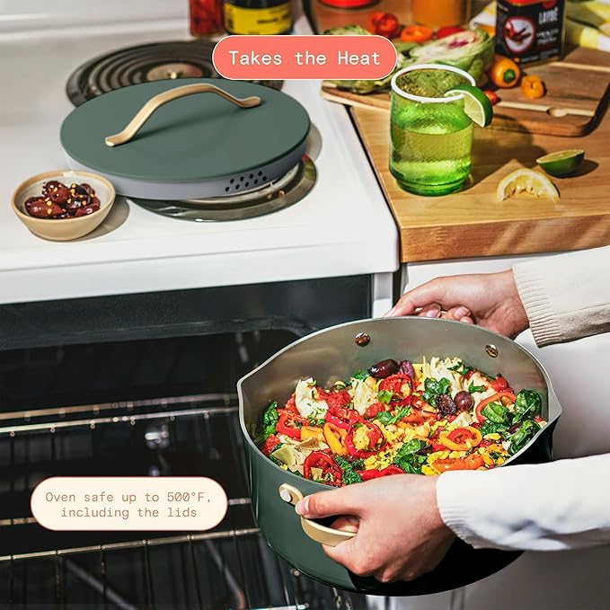 12-Piece Ceramic Non-Stick Cookware Set | Pots &amp Pans with Lids | PFOA-Free Ceramic Coating | Induction Compatible &amp Oven Safe | Gold Handles | Includes Protectors
