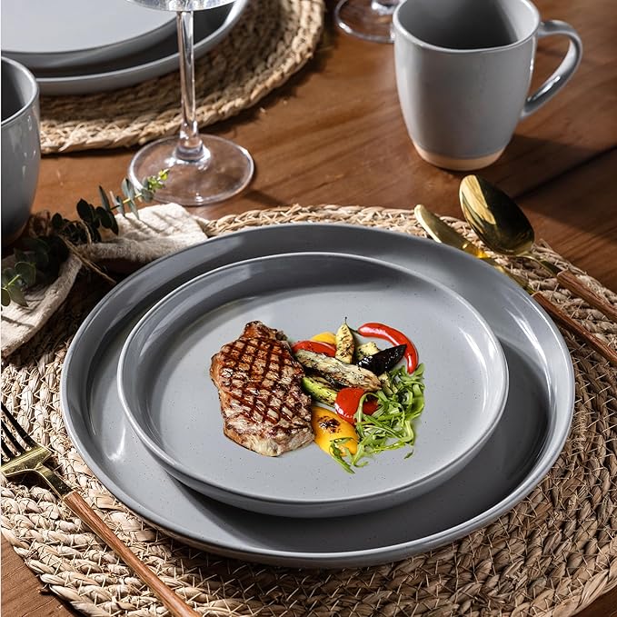 AmorArc Ceramic Dinnerware Sets for 6 18 Pieces Handpainted Plates and Bowls Set with Rustic Terracotta Underside Scratch Resistant Stoneware Dishes Set Dishwasher &amp Microwave Safe Gray