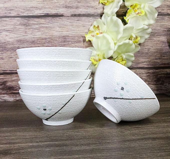 Ebros Gift Modern Yukino Hana Snow Flowers Ceramic Dinnerware Serveware Kitchenware Set Oriental Asian Restaurant Supply (Pack Of 6 Soup Salad Appetizer Dessert Rice Bowls 10oz)