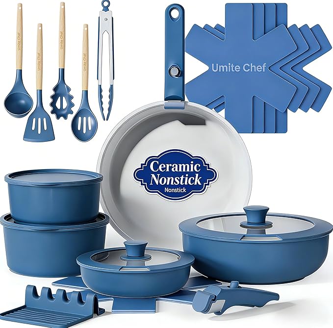Umite Chef Pots and Pans Set Non Stick 21 pcs Ceramic Cookware Set with Detachable Handles Healthy Induction Cookware Oven Safe RV Kitchen Cooking Set with Utensils PFAS PFOA &amp PTFE Free Navy