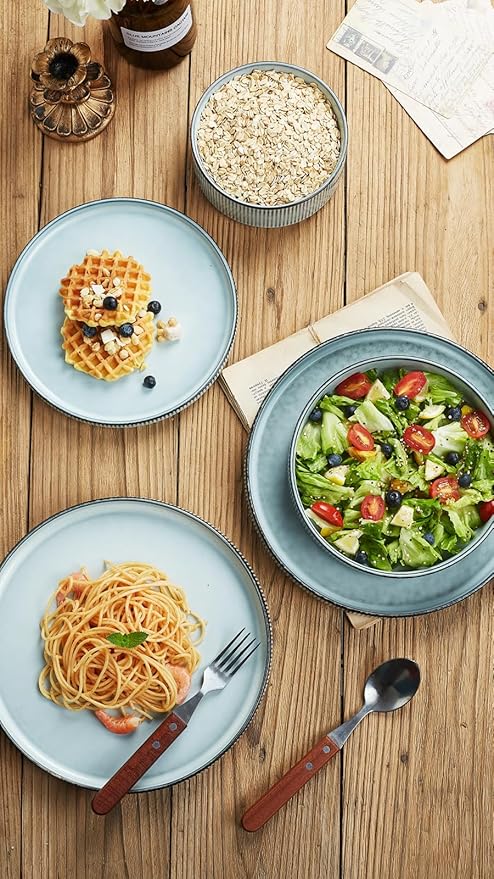 Famiware Star Dinnerware Set with Plates and Bowls Service for 4 (16-Piece) Stoneware Kitchen Dishes Dinner Sets - Smoky Blue