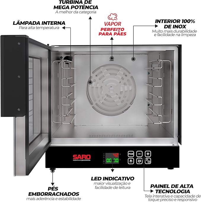 SARO FTD22 Commercial Electric Turbo Convection Oven Charcoal Gray Stainless Steel Large Digital Display Touch Control 4 Baking Trays 49x49x47 Inches