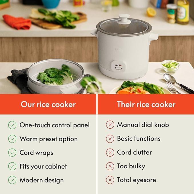 bella 16 Cup Rice Cooker with Steamer Dishwasher Safe Steaming Basket Rice Paddle and Measuring Cup Removable Nonstick Cooking Bowl Automatic Keep Warm Function 400 Watt Oatmilk