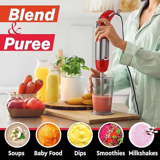Mueller Multistick 800W 5-in-1 Immersion Blender Handheld 12 Speed Hand Mixer - Turbo Boost Heaviest Duty Copper Motor Titanium Blades Hand Blender Milk Frother Wand Red Kitchen Accessories