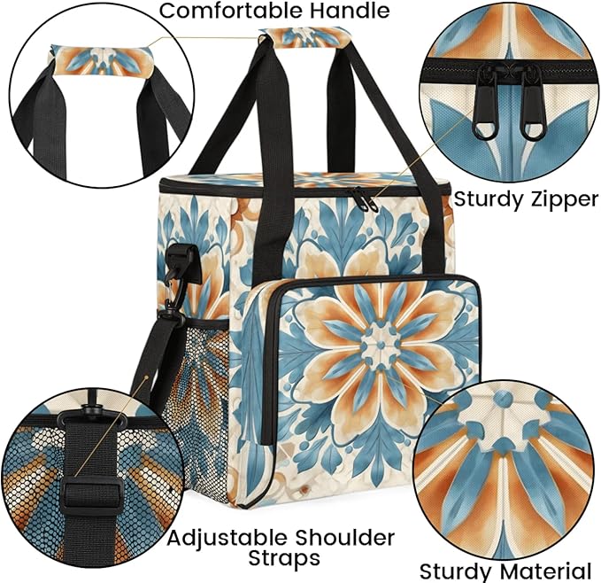 Retro Floral Design Coffee Maker Travel Bag for Keurig K-Mini/K-Mini Plus Insulated Waterproof Tote with Pockets for K-Cup Portable Single-Serve Brewer Case