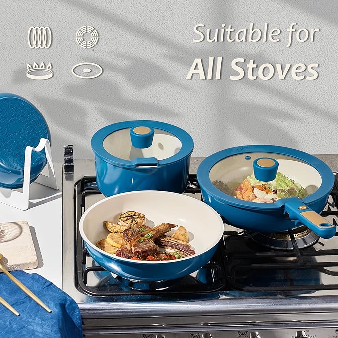 CAROTE 15Pcs Ceramic Cookware Set Pots and Pans Set Non stick Non Toxic Cookware Detachable Handle Induction Cookware Dishwasher/Oven Safe RV/Camping PFAS Free Blue&ampGold