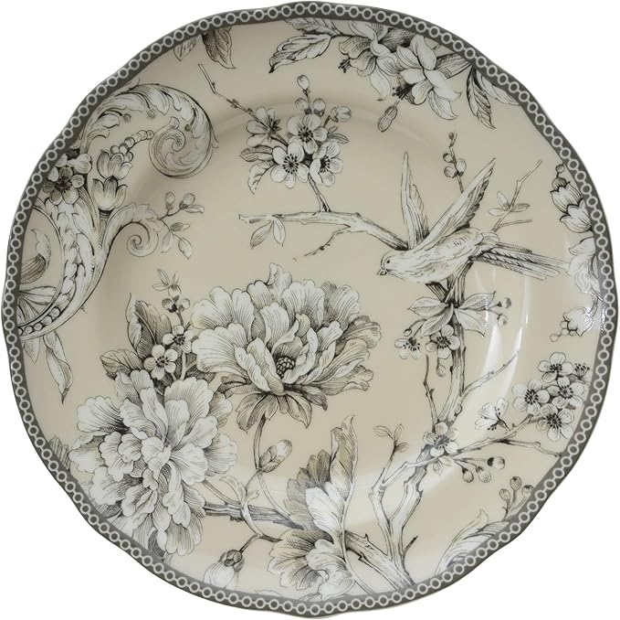 222 Fifth Adelaide 16-Piece Traditional Antique White Porcelain Dinnerware Set – Service for 4 Romantic Bird &amp Floral Design Everyday Big Dinner Plates and Bowls Sets Microwave &amp Dishwasher
