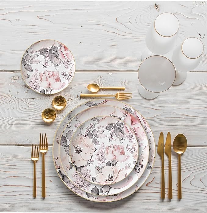 bone china dinnerware sets for 4 kitchen dishes set tableware set for dining include 6.5&amp8&amp10.5&amp12 inch plate Camellia gold border