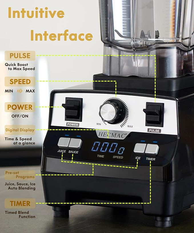 HECMAC 3-Peak HP Blender - 2200W Max/1400W Rated 68oz BPA-Free Pitcher 3 Programs Self-Clean Tamper - Smoothies Ice Crush Frozen Drinks Food Prep - Home &amp Commercial 110V