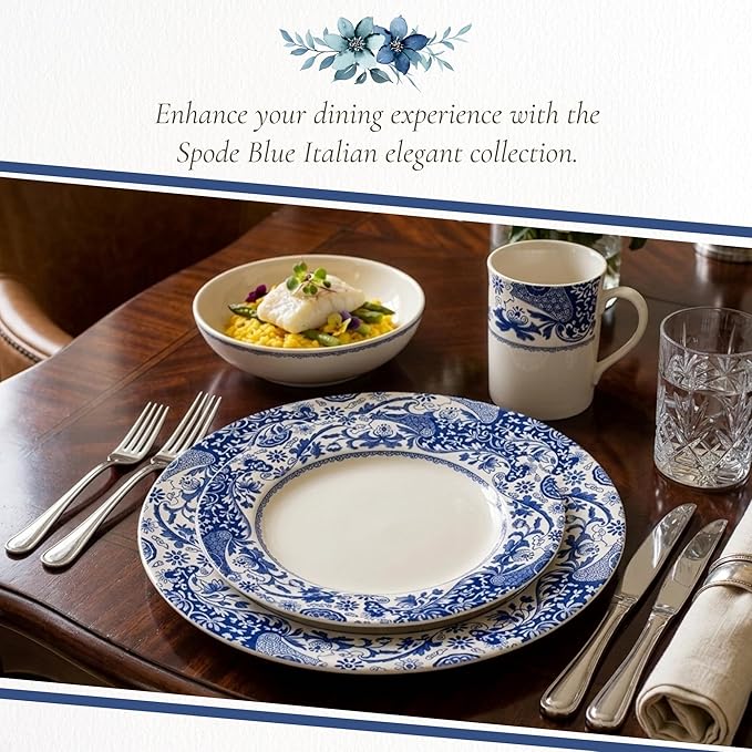 Spode Blue Italian Brocato 12 Piece Dinnerware Set | Service for 4 | Dinner Plate Salad Plate and Mug | Made of Fine Earthenware | Microwave and Dishwasher Safe