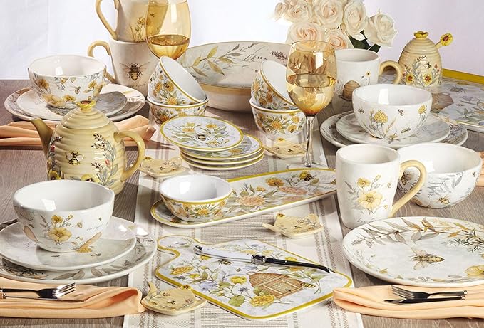 Certified International Bee Sweet 12-Piece Melamine Dinnerware Set Service for 4 Bee &amp Floral Plates and Bowls Durable Shatterproof Outdoor Tableware for Spring &amp Summer Entertaining
