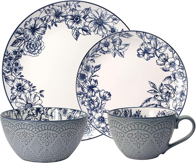 Pfaltzgraff Gabriela Blue 16-Piece Dinnerware Set Service for 4 Durable Stoneware Plates Bowls and Mugs with Elegant Blue Pattern Dishwasher Safe