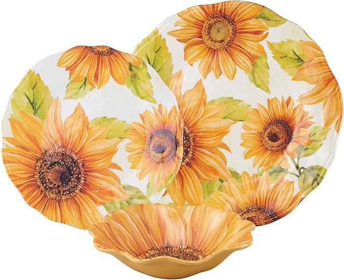 UPware 12 Piece Sunflower Melamine Dinnerware Sets Outdoor Dishes Set Plates and Bowls Sets Service for 4 Yellow