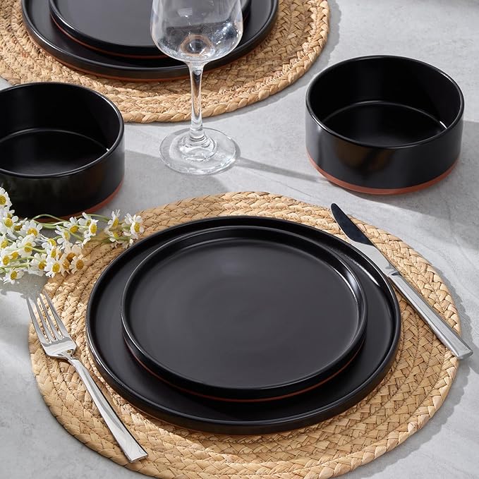 LIANYU Plates and Bowls Sets 18 Pieces Stoneware Dinnerware Set for 6 Modern Kitchen Dinner Set Ceramic Dishware Dishes Set Microwave and Dishwasher Safe Charcoal Black