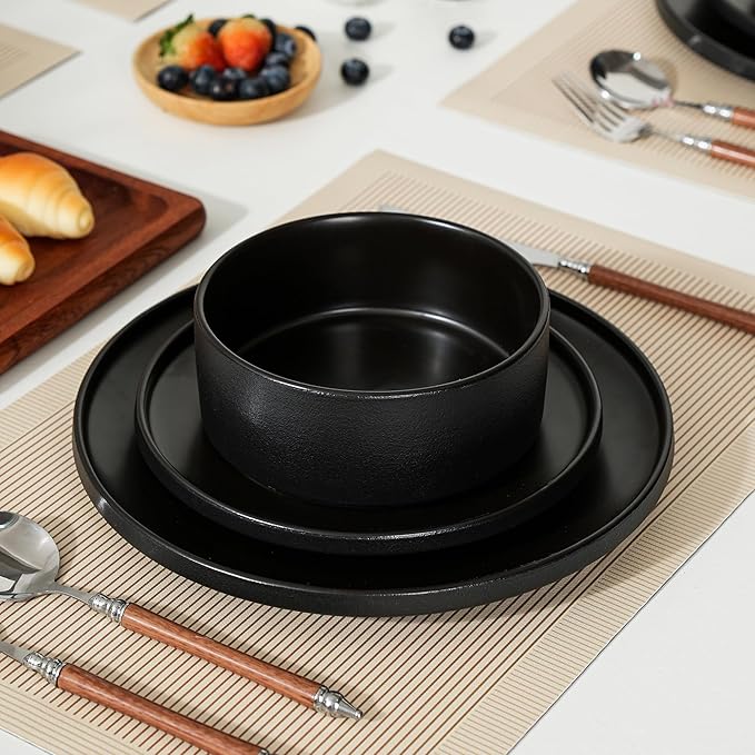 12 Piece Dinnerware Set Modern Minimalist Stoneware Plates and Bowls Sets Modern Dinner Plate Salad Plate Cereal Bowl Dish Set for 4 Microwave and Dishwasher Safe Matte Black