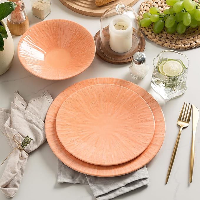 MissYIP 12 Pcs Dinner Set - Unbreakable Dishwasher Safe Plates &amp Bowls - Ideal for Parties &amp Camping (Orange)
