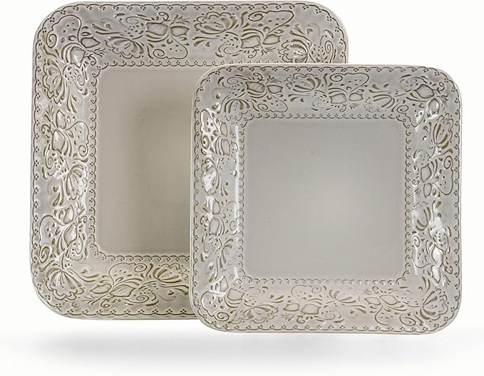 Elama Ivory Lotus 16 Piece Square Dinnerware Set