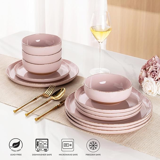 AmorArc Ceramic Dinnerware Sets for 4 12 Pieces Handpainted Plates and Bowls Set with Rustic Terracotta Underside Scratch Resistant Stoneware Dishes Set Dishwasher &amp Microwave Safe