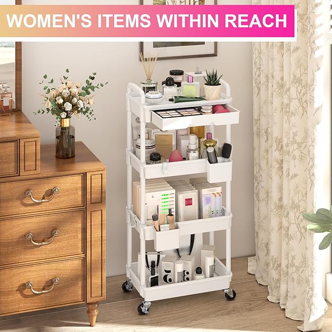 Goovilla 4 Tier Rolling Utility Cart Organizer with Removable Drawer Stable and Sturdy White Rolling Storage Carts with 2 Lockable Wheels for Bathroom Kitchen Snack Craft Makeup Baby Essentials
