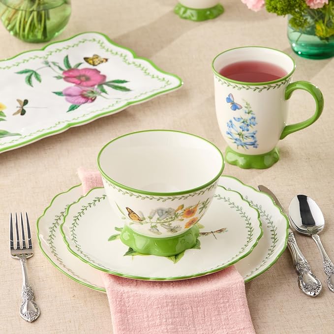 Mirabella 16-Piece Ceramic DINNERWARE SET SERVICE for FOUR with Artistic Floral Dinner Plates Salad Plates Mugs and Ice Cream Bowls Vibrant European-Inspired Tableware for Everyday Meals