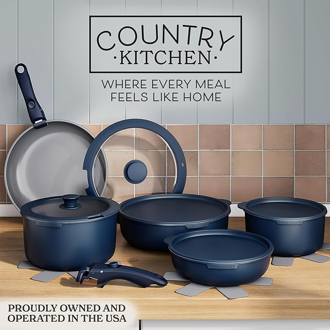 Country Kitchen Cookware Set with Removable Handle Oven &amp RV Safe Pots and Pans Set Denim Original