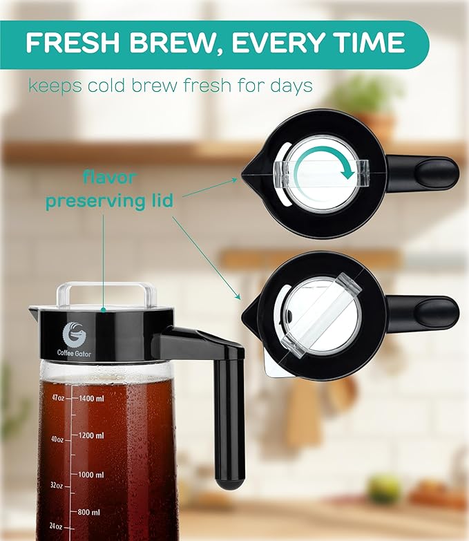 Coffee Gator Cold Brew Coffee Maker - 47 oz Iced Tea and Iced Coffee Maker and Pitcher with Borosilicate Glass Carafe Filter - Black