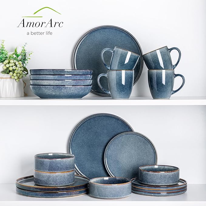 AmorArc Ceramic Dinnerware Sets Handmade Reactive Glaze Stoneware Plates and Bowls SetsHighly Chip and Crack Resistant | Dishwasher &amp Microwave Safe Dishes Set Service for 6 (18pc)