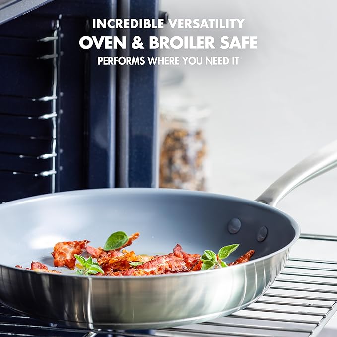 GreenPan Treviso 9.5” and 11” Frying Pan skillet Set Non-Toxic PFAS-Free Stainless Steel Ceramic Nonstick Coating Induction Suitable Multi Clad Pouring Rims Dishwasher &amp Oven Safe to 600°