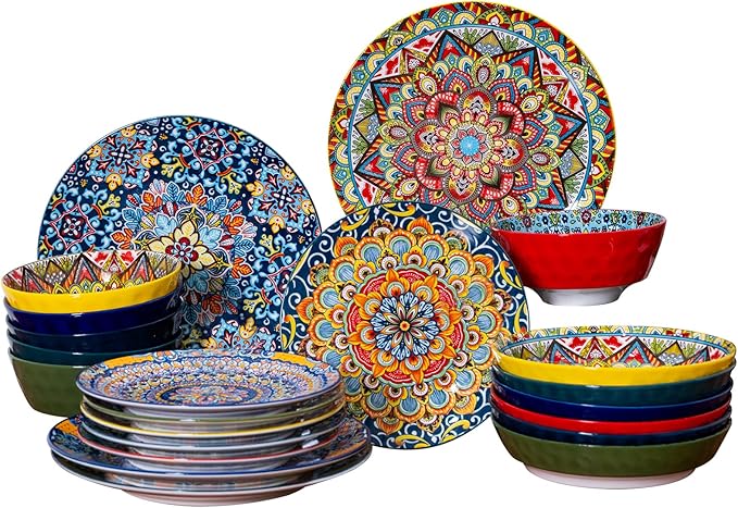 24 Pieces Dinnerware Sets Ceramic Plates and Bowls Set Microwave and Dishwasher Safe Scratch Resistant Bohemian Style Dishware Set Service for 6
