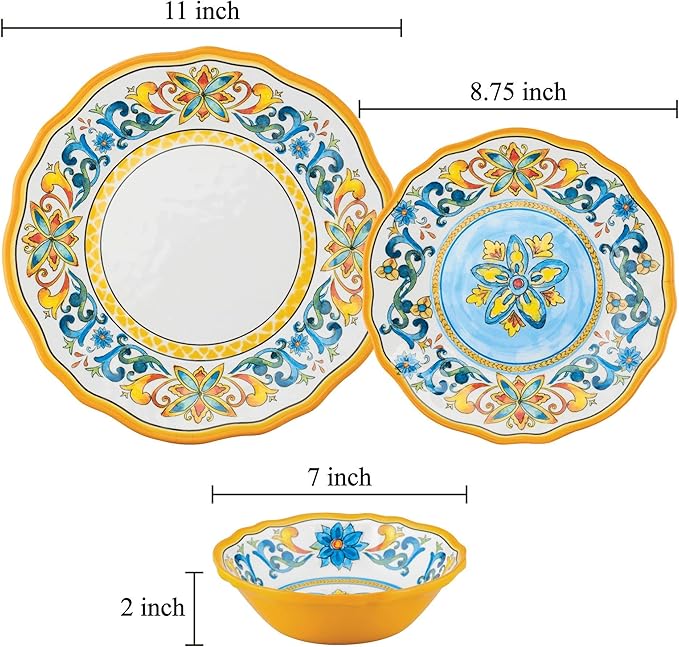 UPware 12 Piece Chianti Melamine Dinnerware Sets Outdoor Dishes Set Plates and Bowls Sets Service for 4 Multicolor