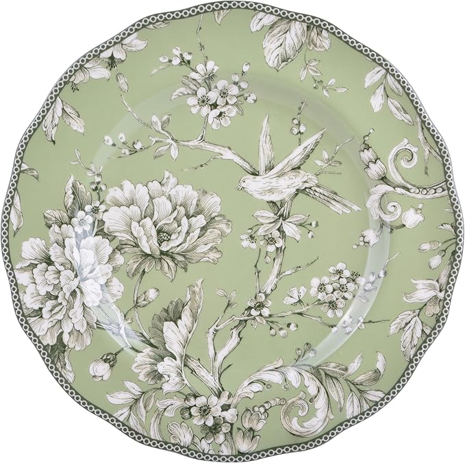 222 Fifth Adelaide Sage 12-Piece Green Porcelain Dinnerware Set – Service for 4 Big Dinner Plates and Bowls Sets Green with White Floral Pattern for Daily Entertainment Microwave &amp Dishwasher