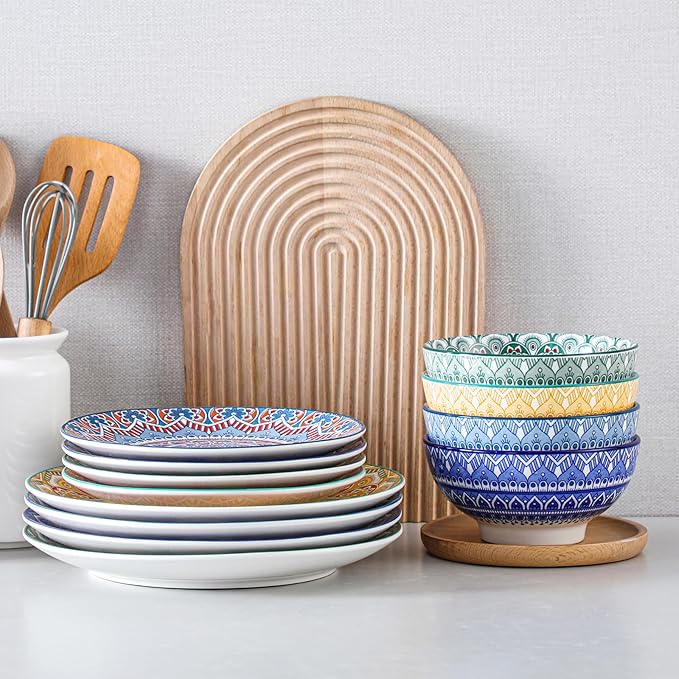 vancasso Mandala 12 Pieces Dinnerware Sets Porcelain Dinner Set for 4 Boho Plates and Bowls Set Colorful Dish Sets