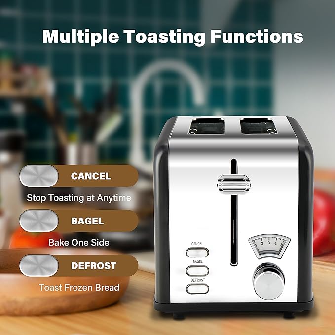 Simple Deluxe Stainless Steel Toaster 2 Slice with Extra Wide Slot &amp Removable Crumb Tray 5 Shade Options and Bagel/Defrost/Cancel Functions for Various Bread &amp Waffle Retro Black