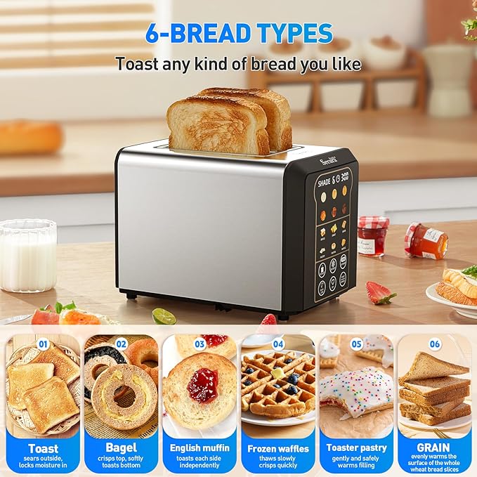 2 Slice Automatic Toaster Touch Screen Smart Toaster with Digital Timer 6 Bread Types 6 Browning Levels Reheat/Defrost +10s Extend Custom Memory Settings for Home RV Office