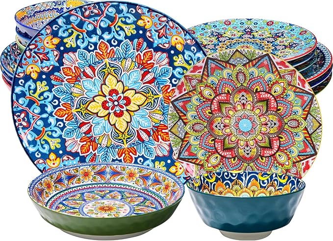 16 Pieces Dinnerware Set Service for 4 Plates and Bowls Set Microwave &amp Dishwasher Safe Scratch Resistant Bohemian Dishes Plates Bowls for Salad Pasta Dessert Steak Appetizers