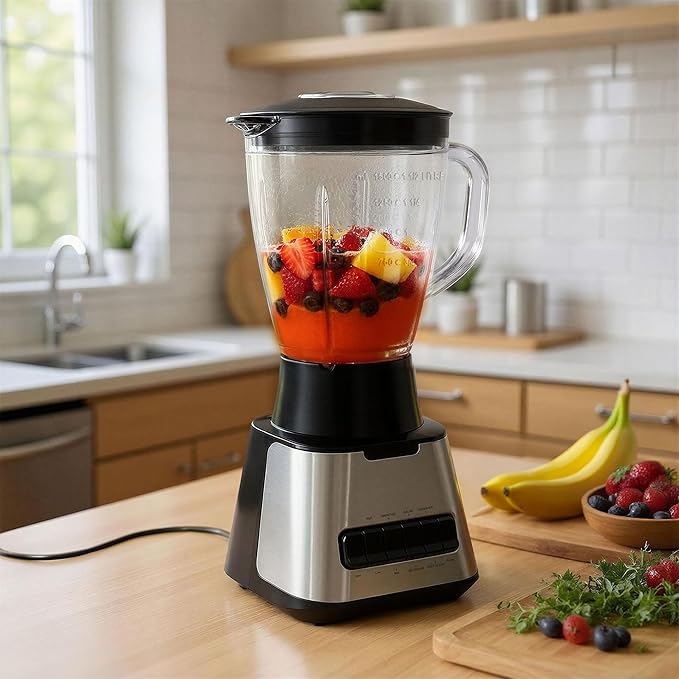 Amazon Basics Powerful 700W Countertop Blender with 6-Cup (50 Fl. Oz) Glass Jar 6 Pre-Programmed Functions Ice Crush Stainless Steel Blades Black &amp Silver